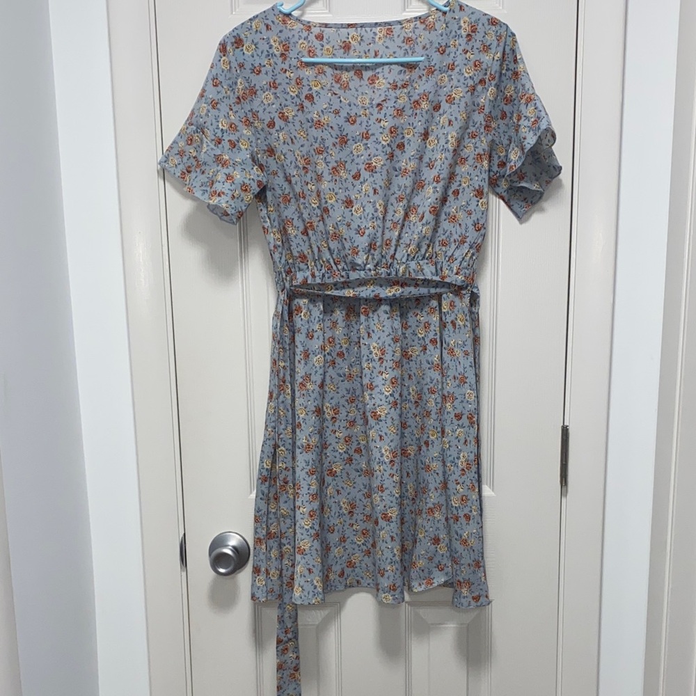 Light Blue Floral Belted Women’s Dress